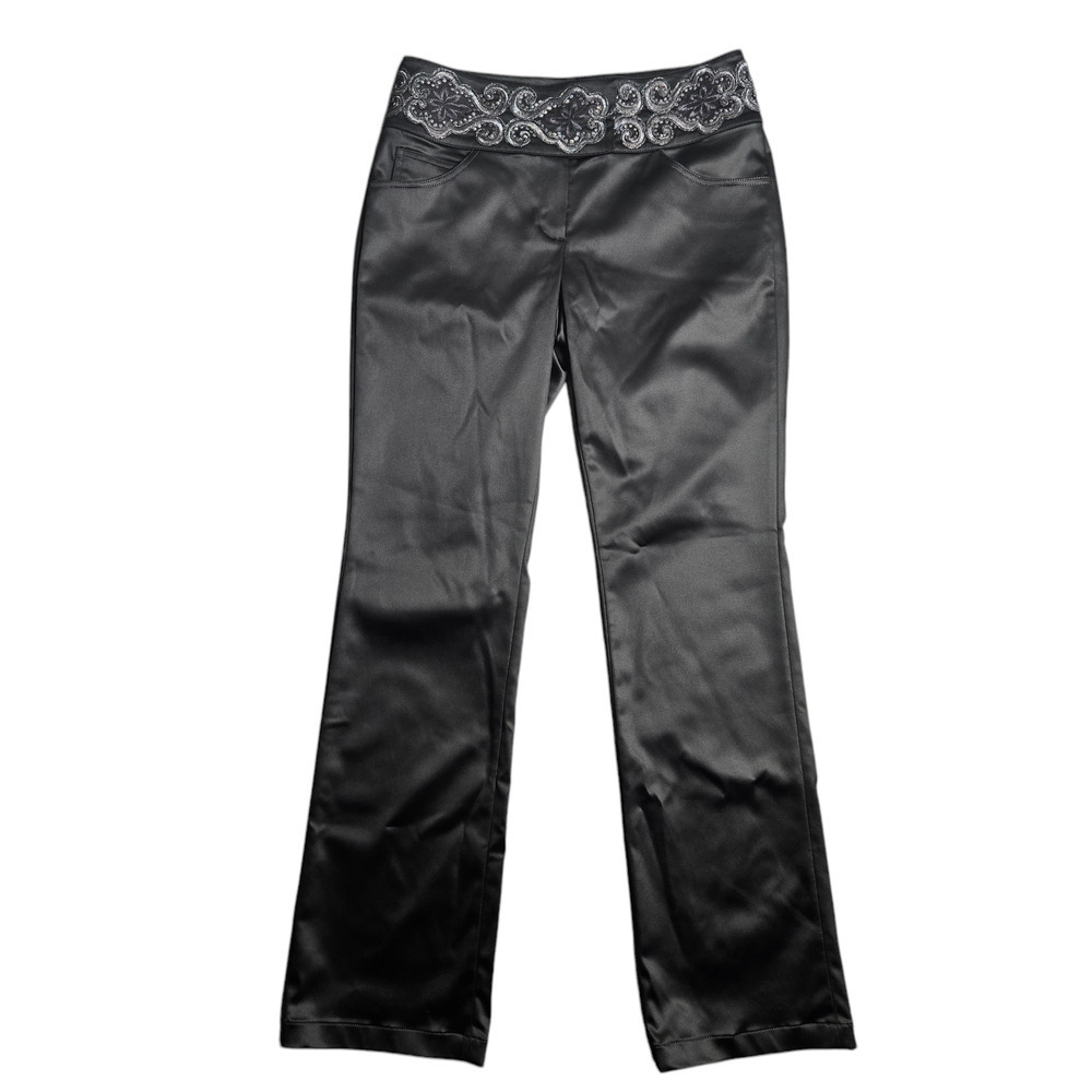 St. John Evening Black Satin Embroidered‎ Waist Pants Size: 8